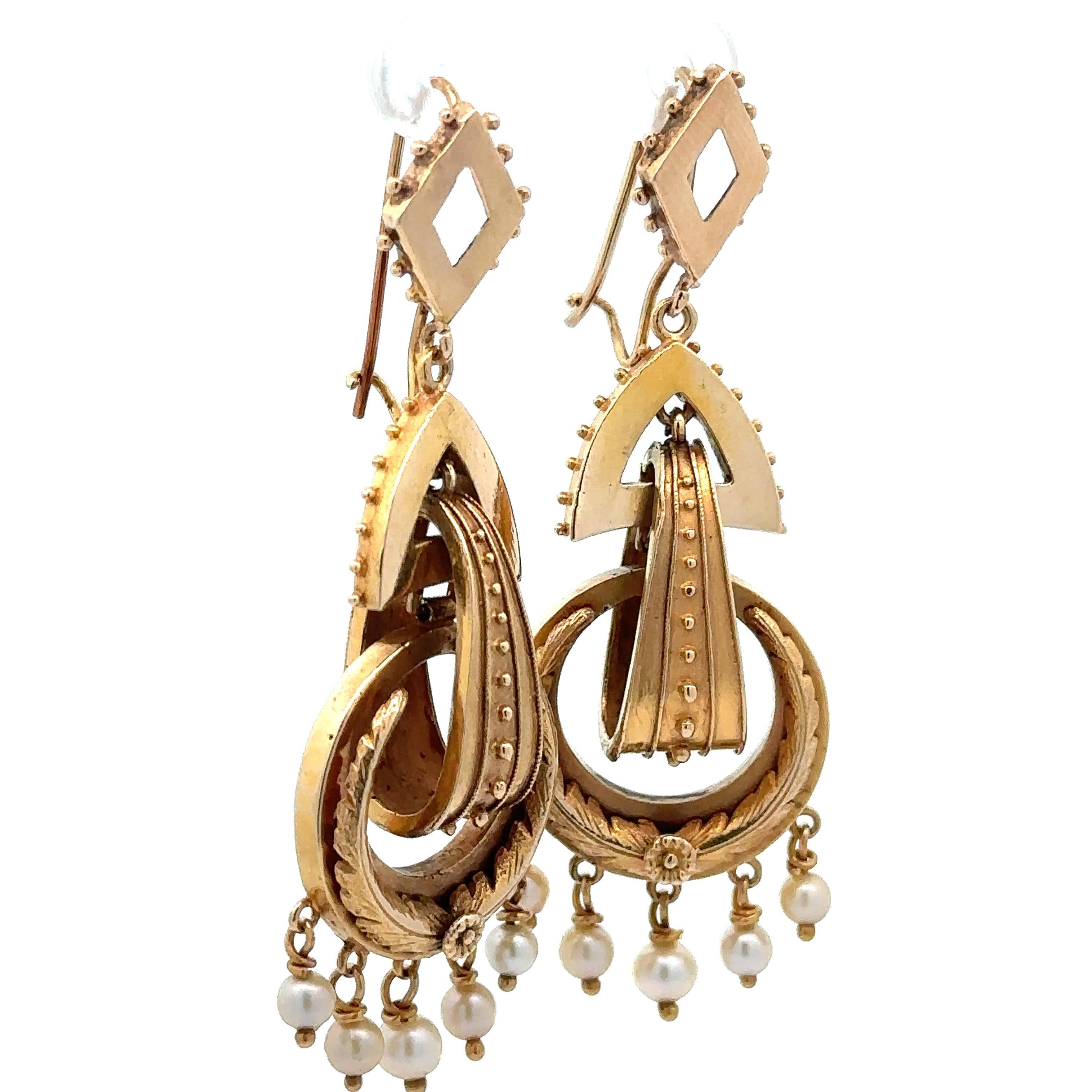 Women's Vintage Victorian Revival Yellow Gold Pearl Wreath Beaded Dangle Drop Earring For Sale