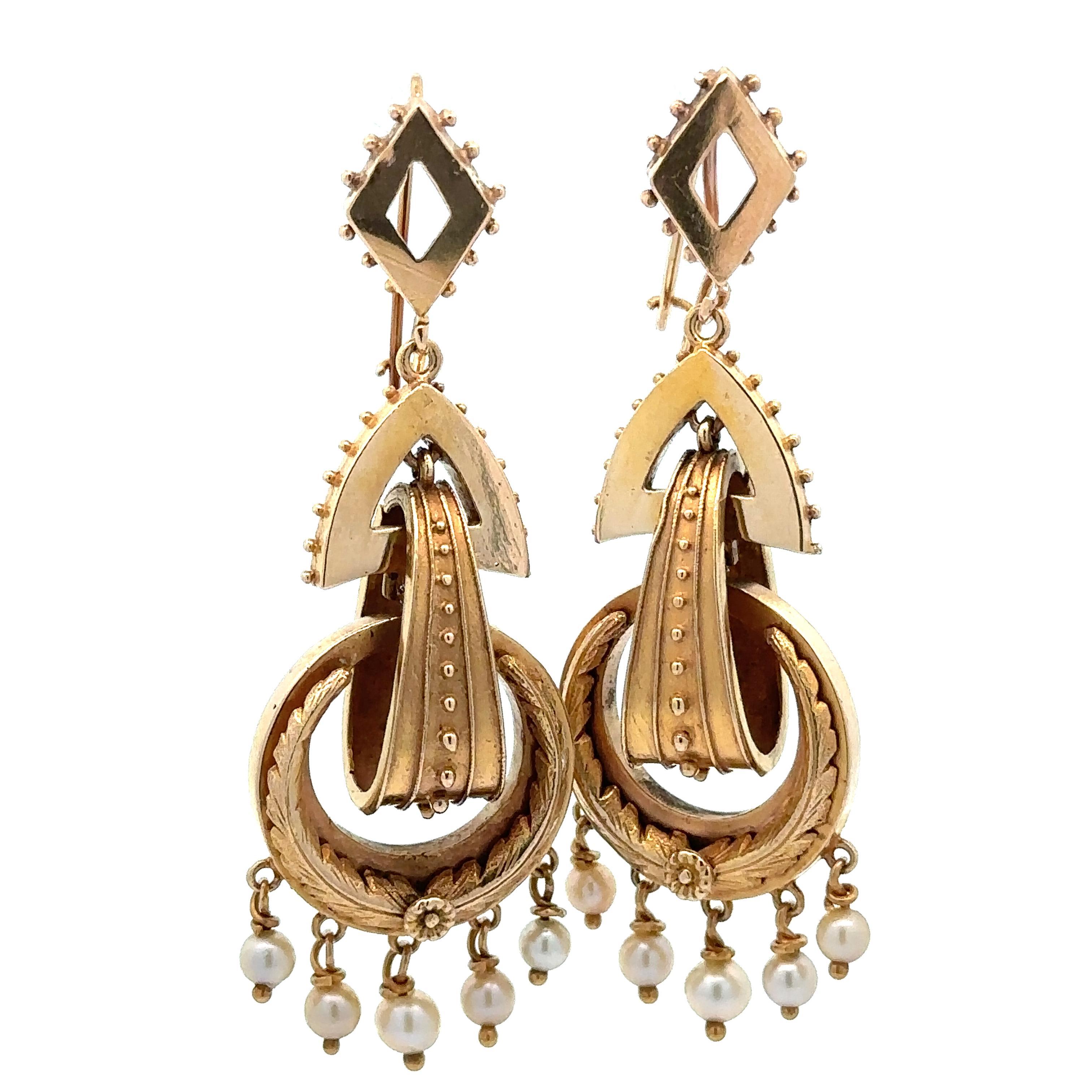Vintage Victorian Revival Yellow Gold Pearl Wreath Beaded Dangle Drop Earring For Sale 1