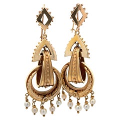 Vintage Victorian Revival Yellow Gold Pearl Wreath Beaded Dangle Drop Earring