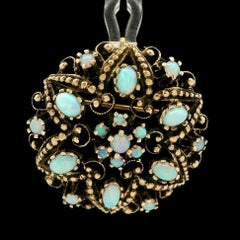 Vintage Victorian Revival Yellow Gold Round Oval Cabochon Opal Round Pin Brooch