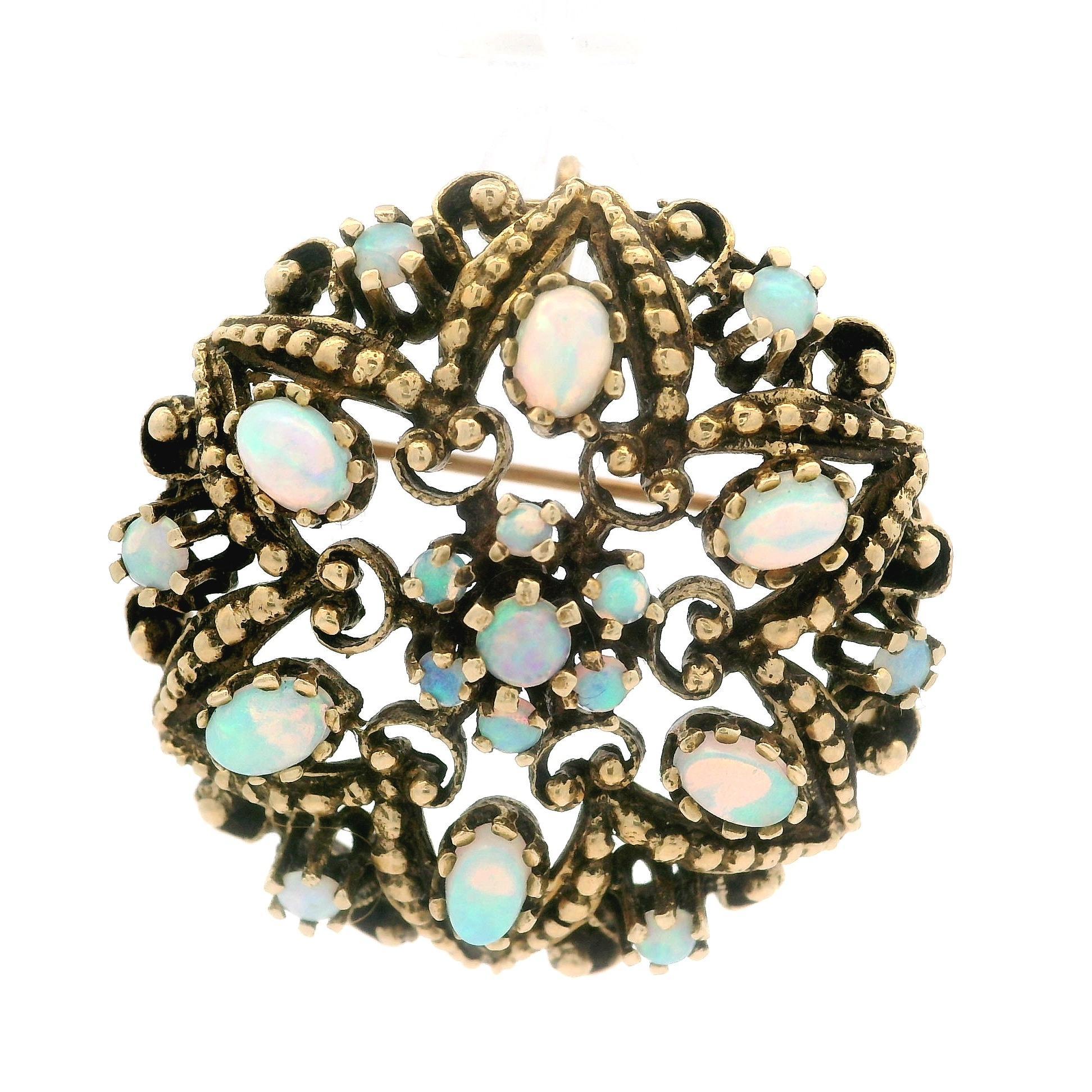 Women's Vintage Victorian Revival Yellow Gold Round Oval Cabochon Opal Round Pin Brooch For Sale
