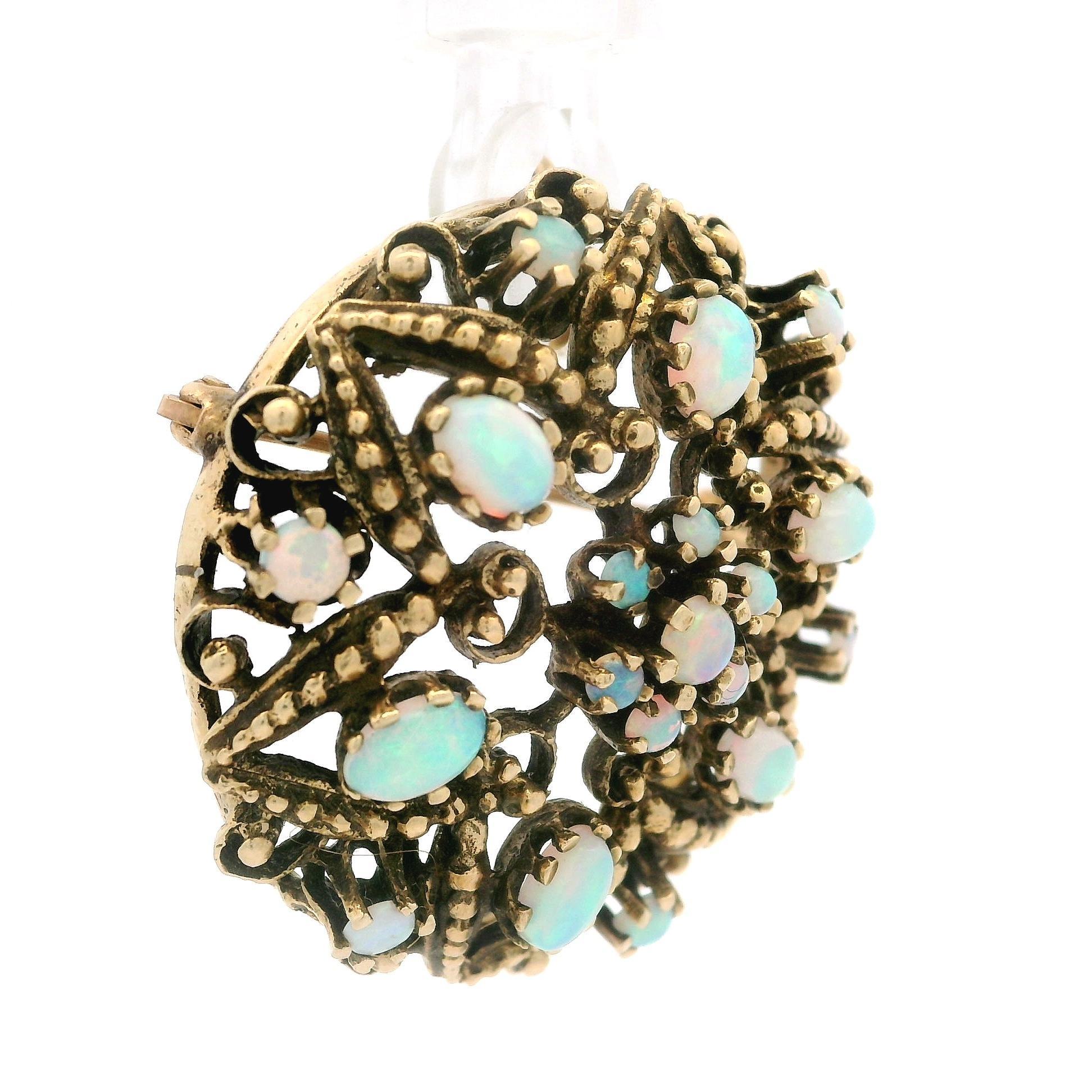Vintage Victorian Revival Yellow Gold Round Oval Cabochon Opal Round Pin Brooch For Sale 1