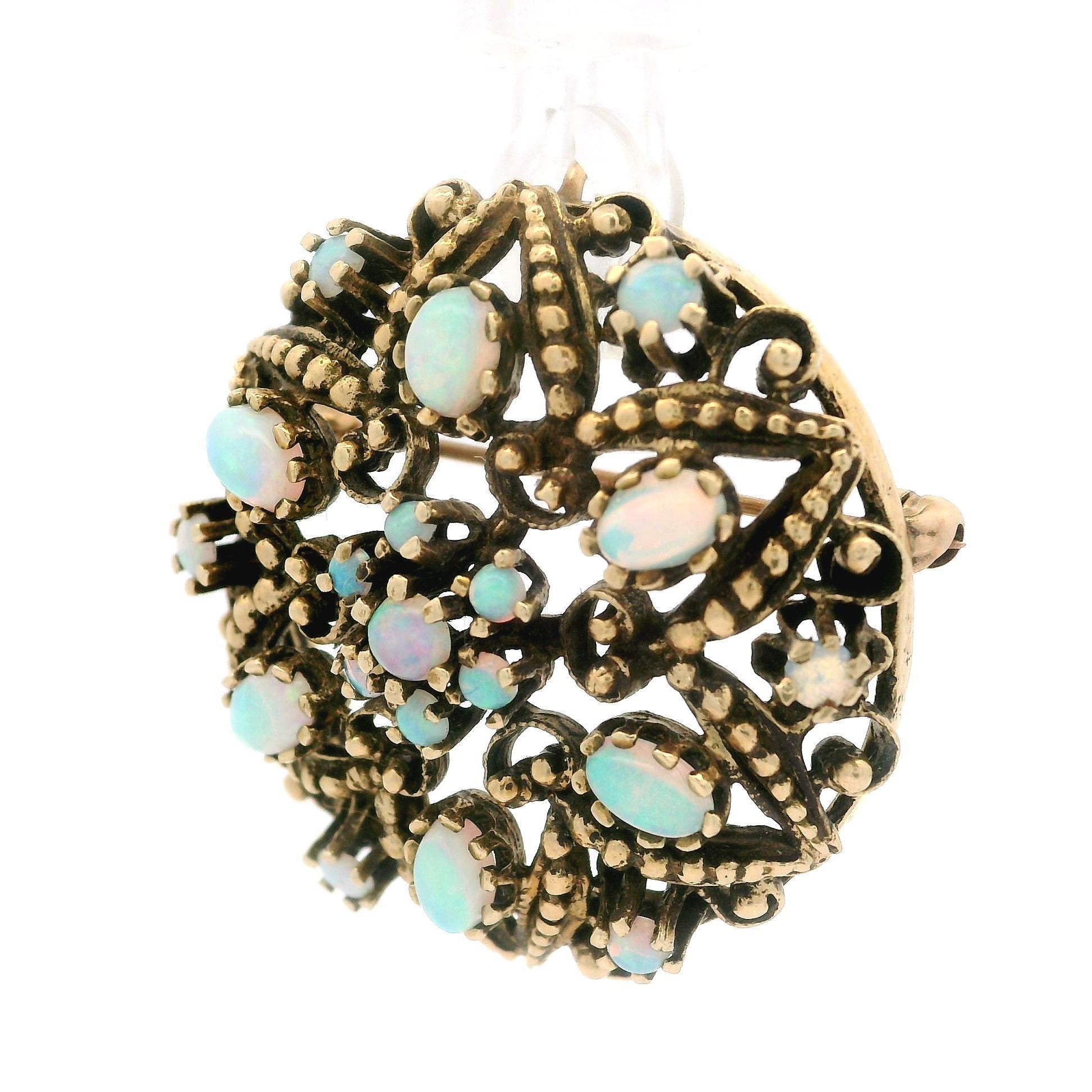 Vintage Victorian Revival Yellow Gold Round Oval Cabochon Opal Round Pin Brooch For Sale 2