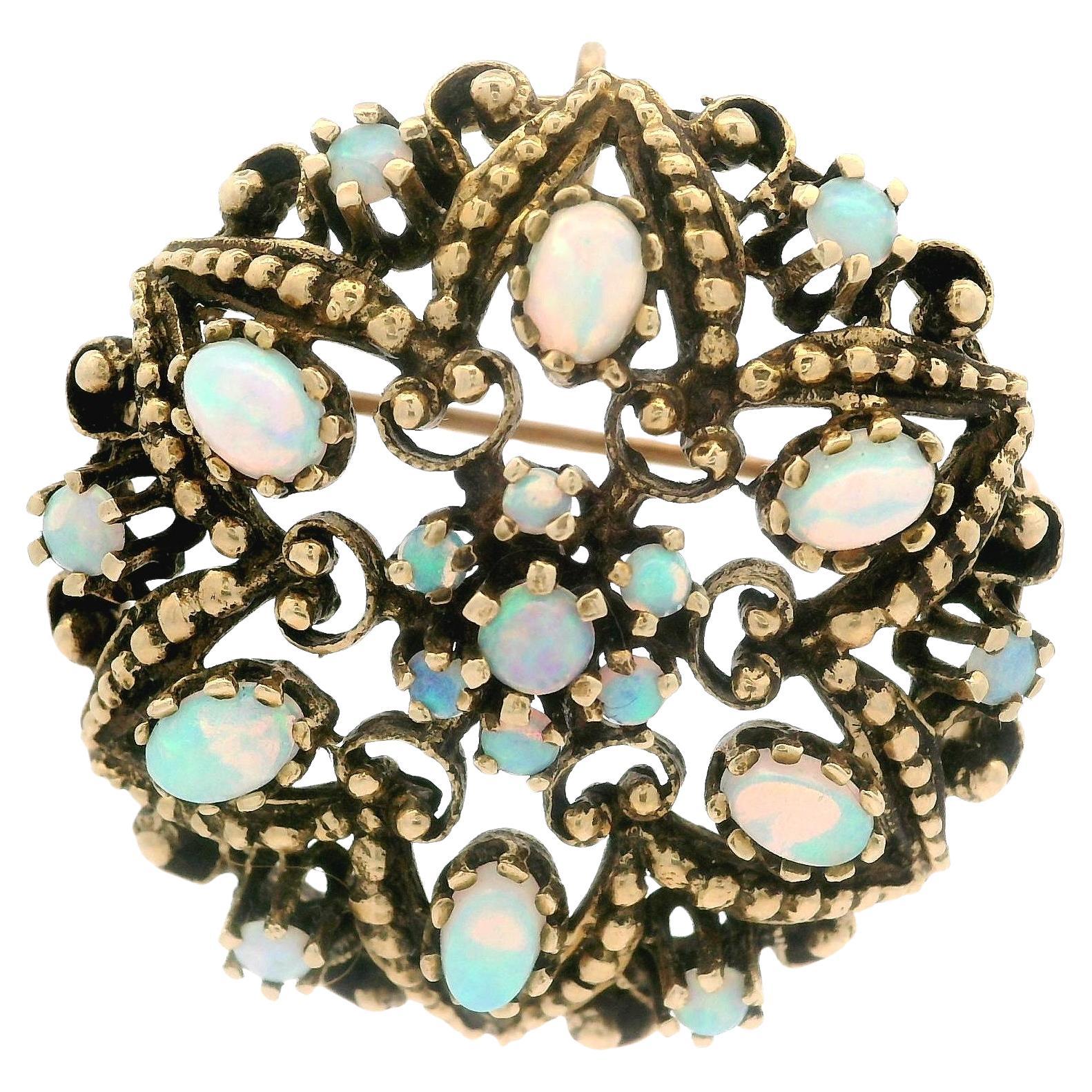 Vintage Victorian Revival Yellow Gold Round Oval Cabochon Opal Round Pin Brooch For Sale