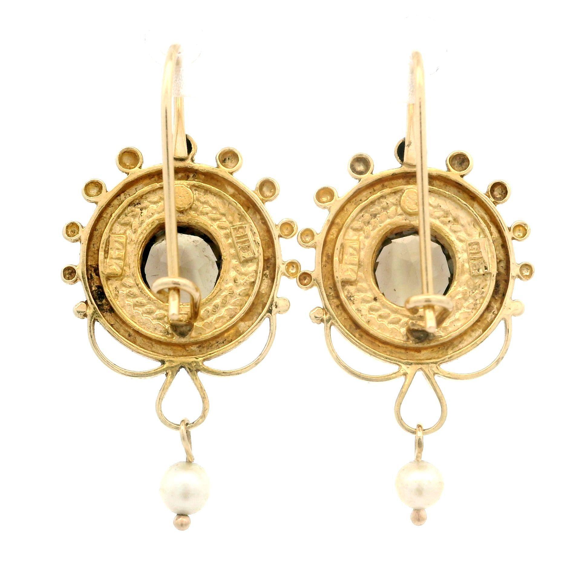 Round Cut Vintage Victorian Revival Yellow Gold Smokey Quartz & Pearl Round Dangle Earring For Sale