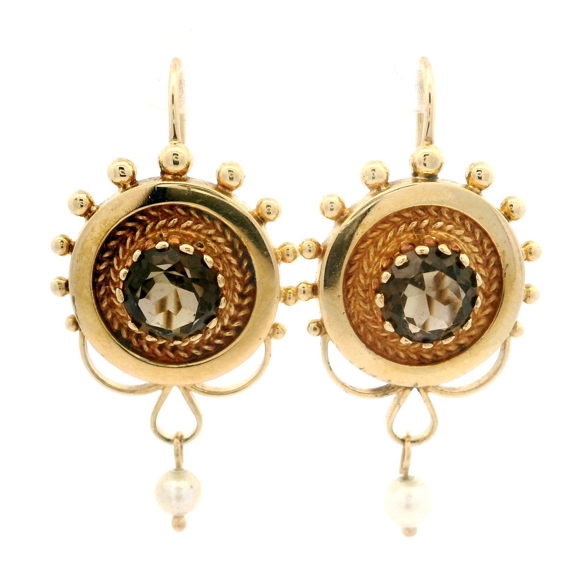 Vintage Victorian Revival Yellow Gold Smokey Quartz & Pearl Round Dangle Earring In Excellent Condition For Sale In Montclair, NJ