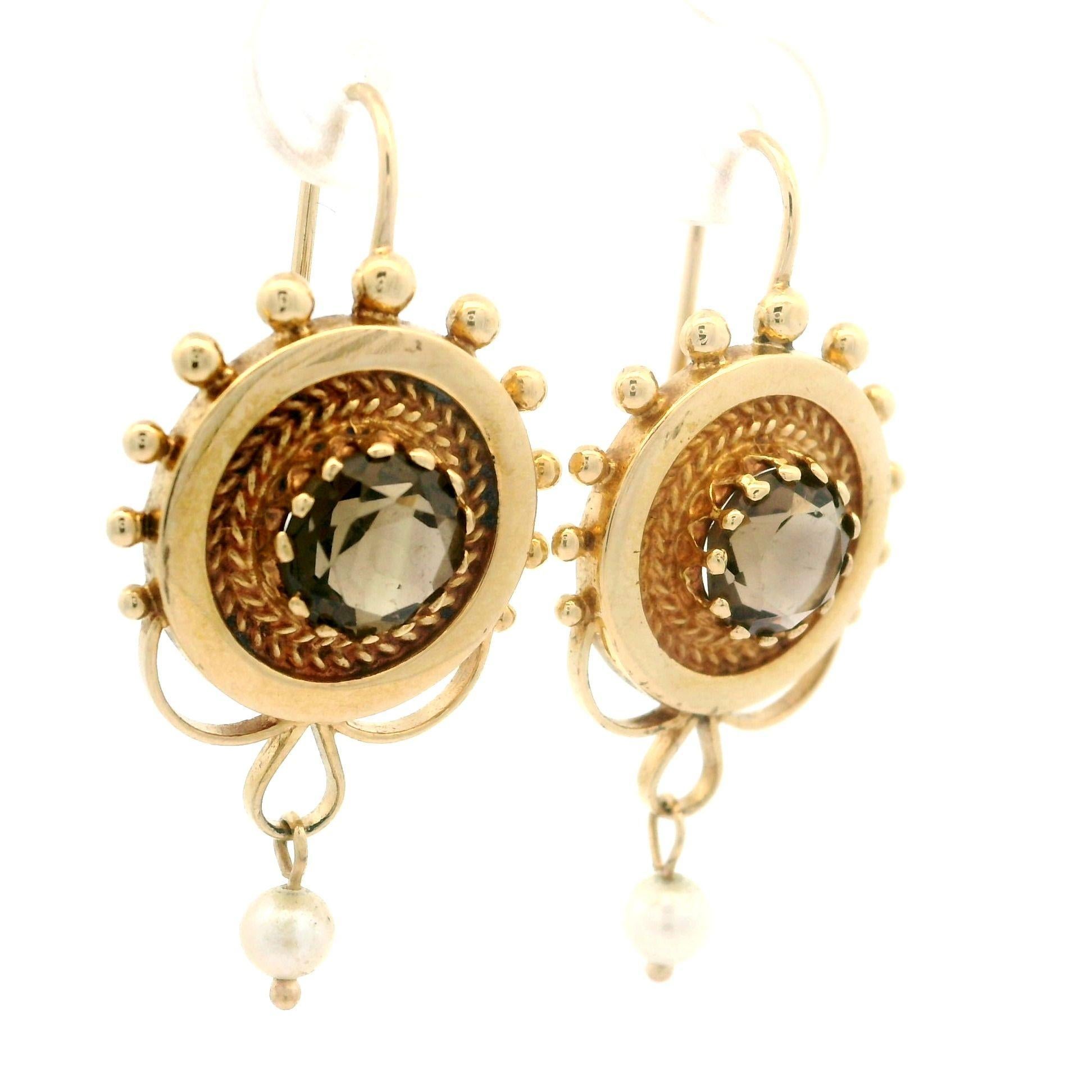 Women's Vintage Victorian Revival Yellow Gold Smokey Quartz & Pearl Round Dangle Earring For Sale
