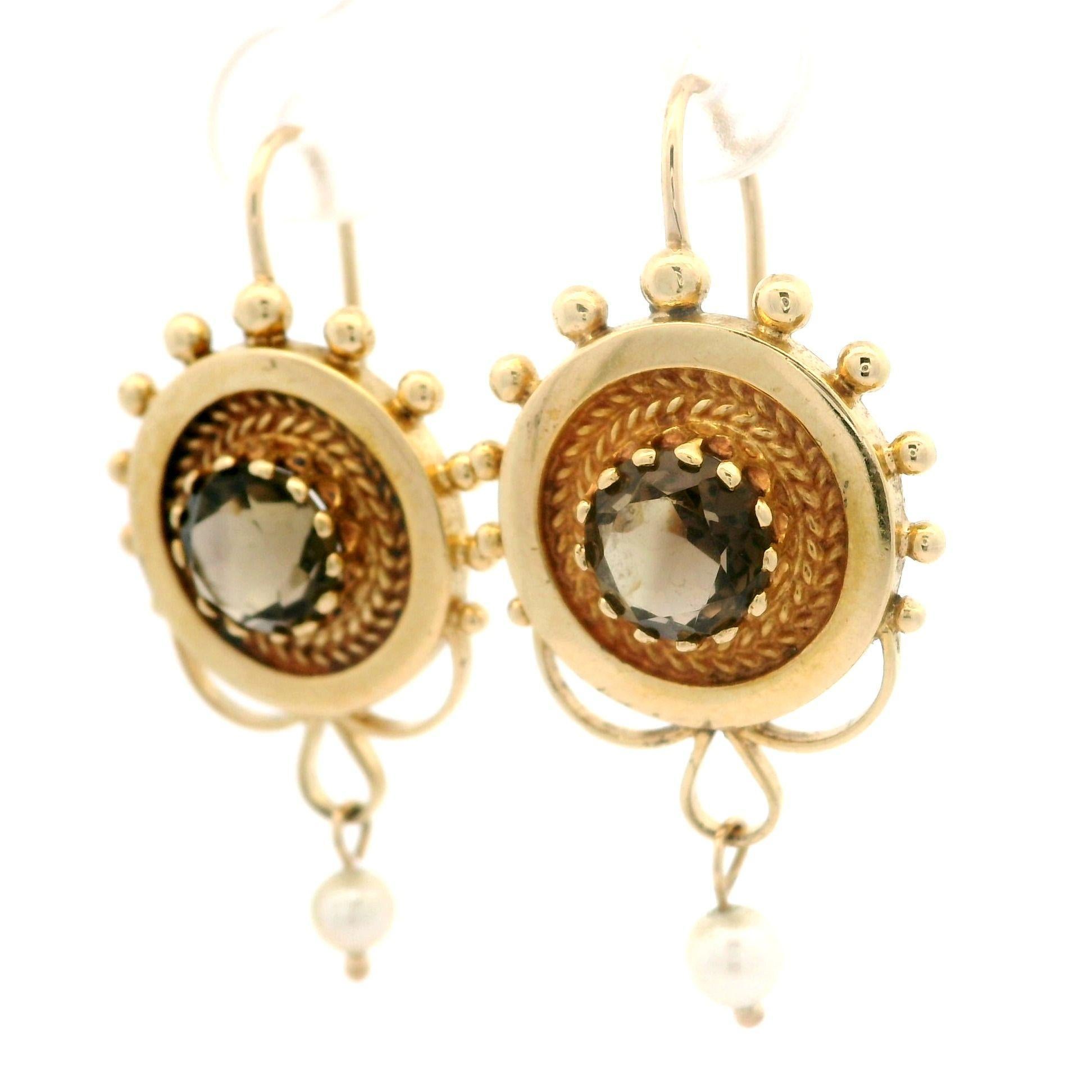 Vintage Victorian Revival Yellow Gold Smokey Quartz & Pearl Round Dangle Earring For Sale 1