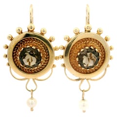 Vintage Victorian Revival Yellow Gold Smokey Quartz & Pearl Round Dangle Earring