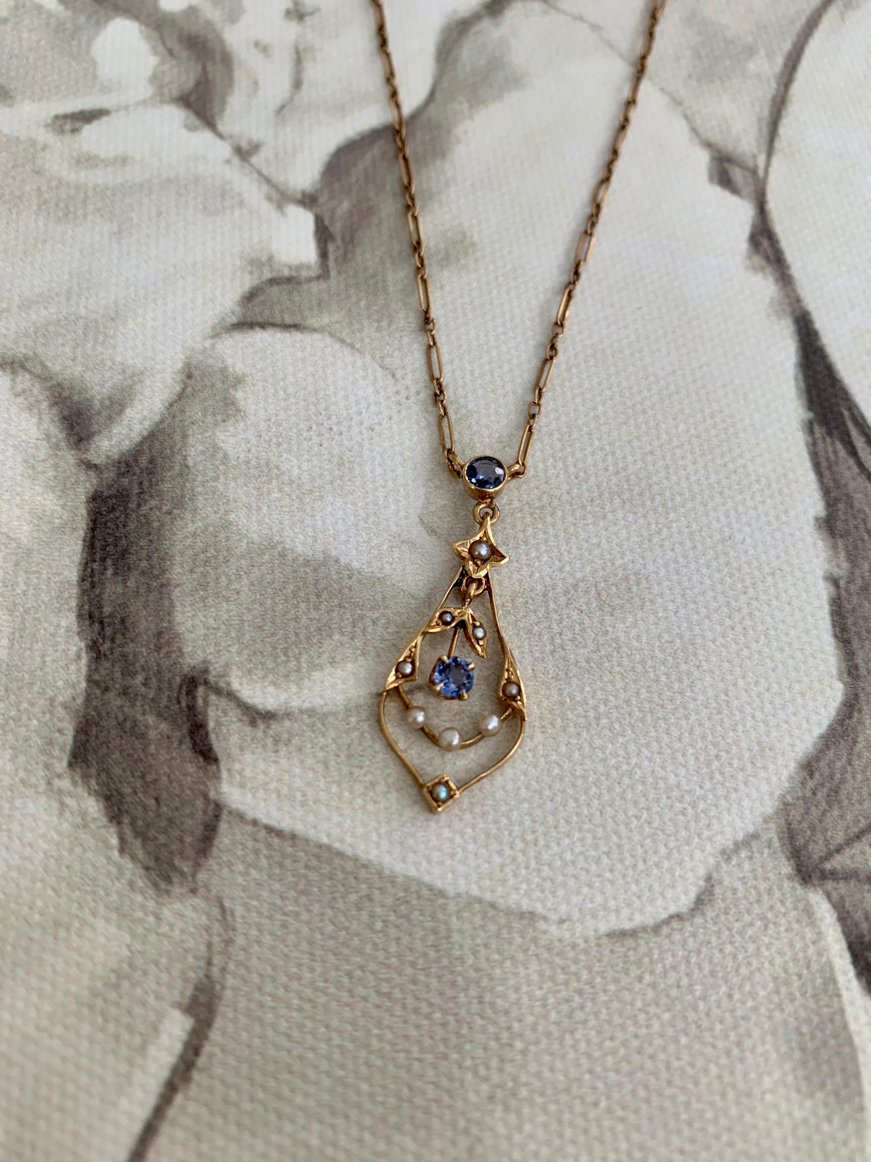 Vintage Victorian Sapphire and Seed Pearl 14 Karat Yellow Gold Lavalier Pendant In Good Condition In St. Louis Park, MN