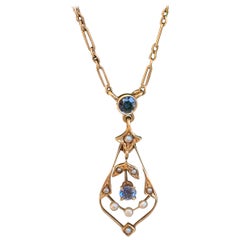 Vintage Victorian Sapphire and Seed Pearl 14 Karat Yellow Gold Lavalier Pendant