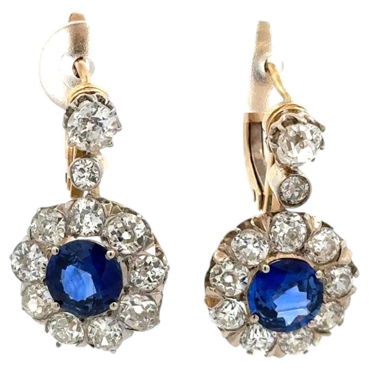 Vintage Victorian Sapphire GIA and Diamond Platinum on 18K Gold Drop Earrings