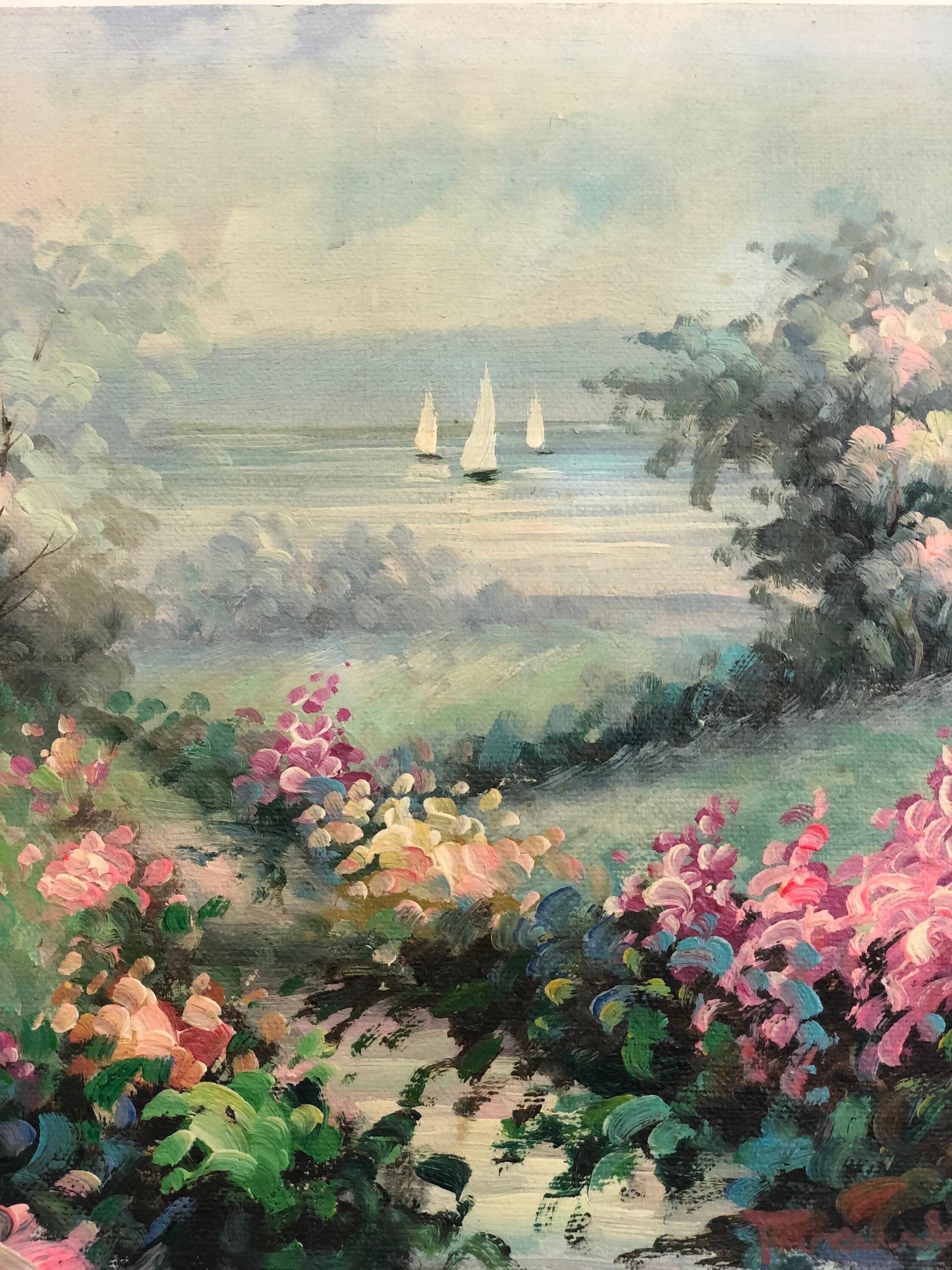 Vintage Victorian scenic water nautical boating boat Mid-Century Modern signed floral pastel original painting box 9

Dimensions. 10 W ; 8 H ; 1 D.