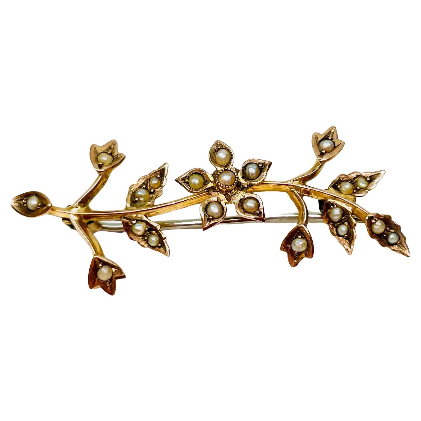Vintage Victorian Seed Pearl Leaf Brooch For Sale