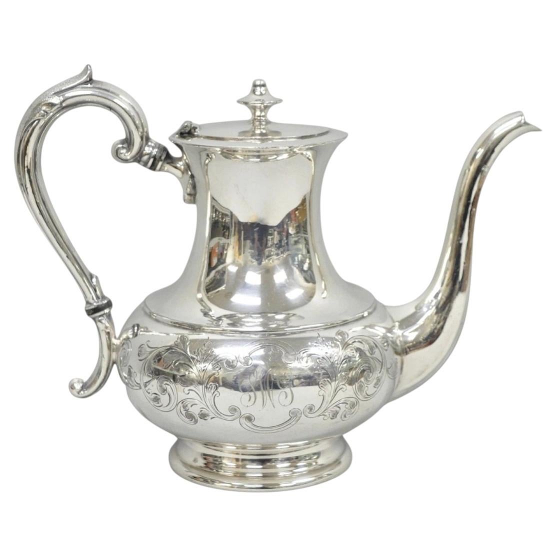 Vintage Victorian Silver Plated Floral Repousse Tea Kettle Teapot w/ Monogram For Sale