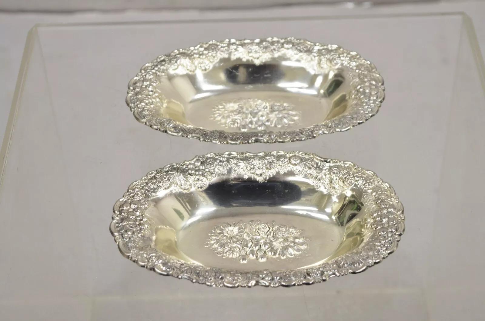 Vintage Victorian Style Silver Plated Floral Repousse Trinket Dish Japan - a Pair. Circa Mid 20th Century. Dimensions : 1