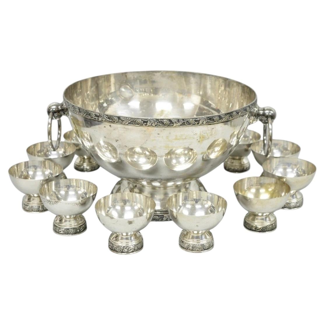 Vintage Victorian Silver Plated Footed Twin Handle Punch Bowl Set w/ 12 Cups