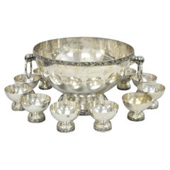 Vintage Victorian Silver Plated Footed Twin Handle Punch Bowl Set w/ 12 Cups