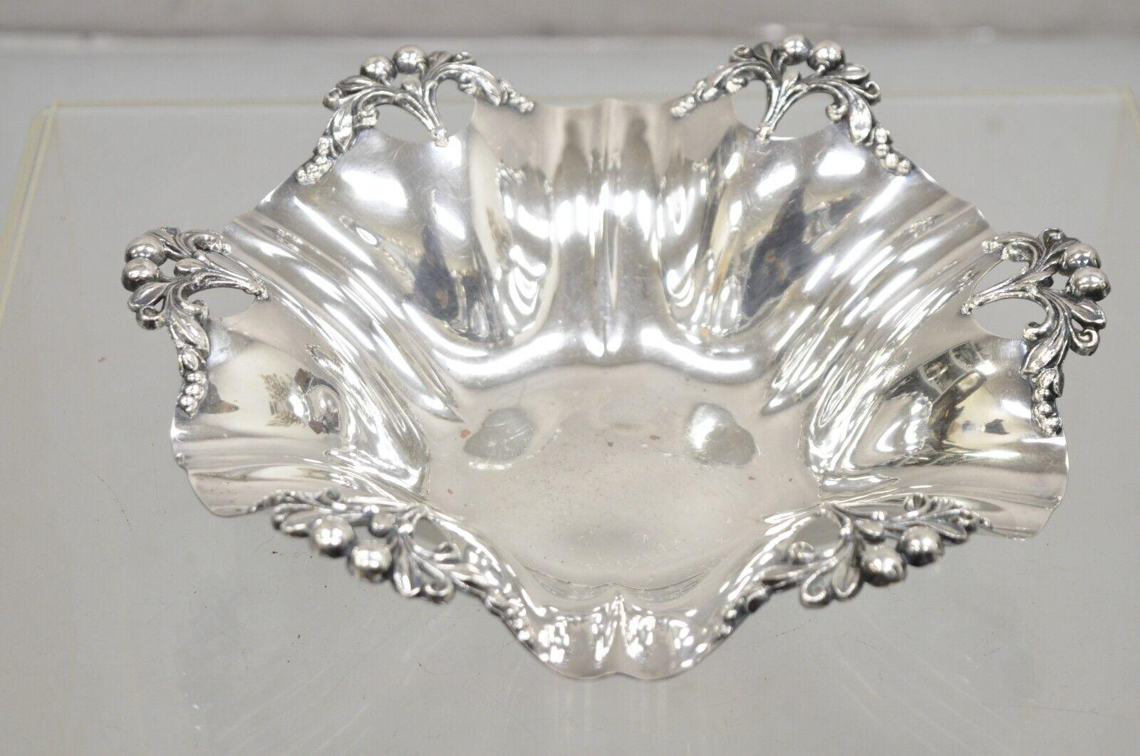 Vintage Victorian Silver Plated Handkerchief Candy Dish Fruit Bowl with Berry Design. Circa Mid 20th Century. Measurements: 3