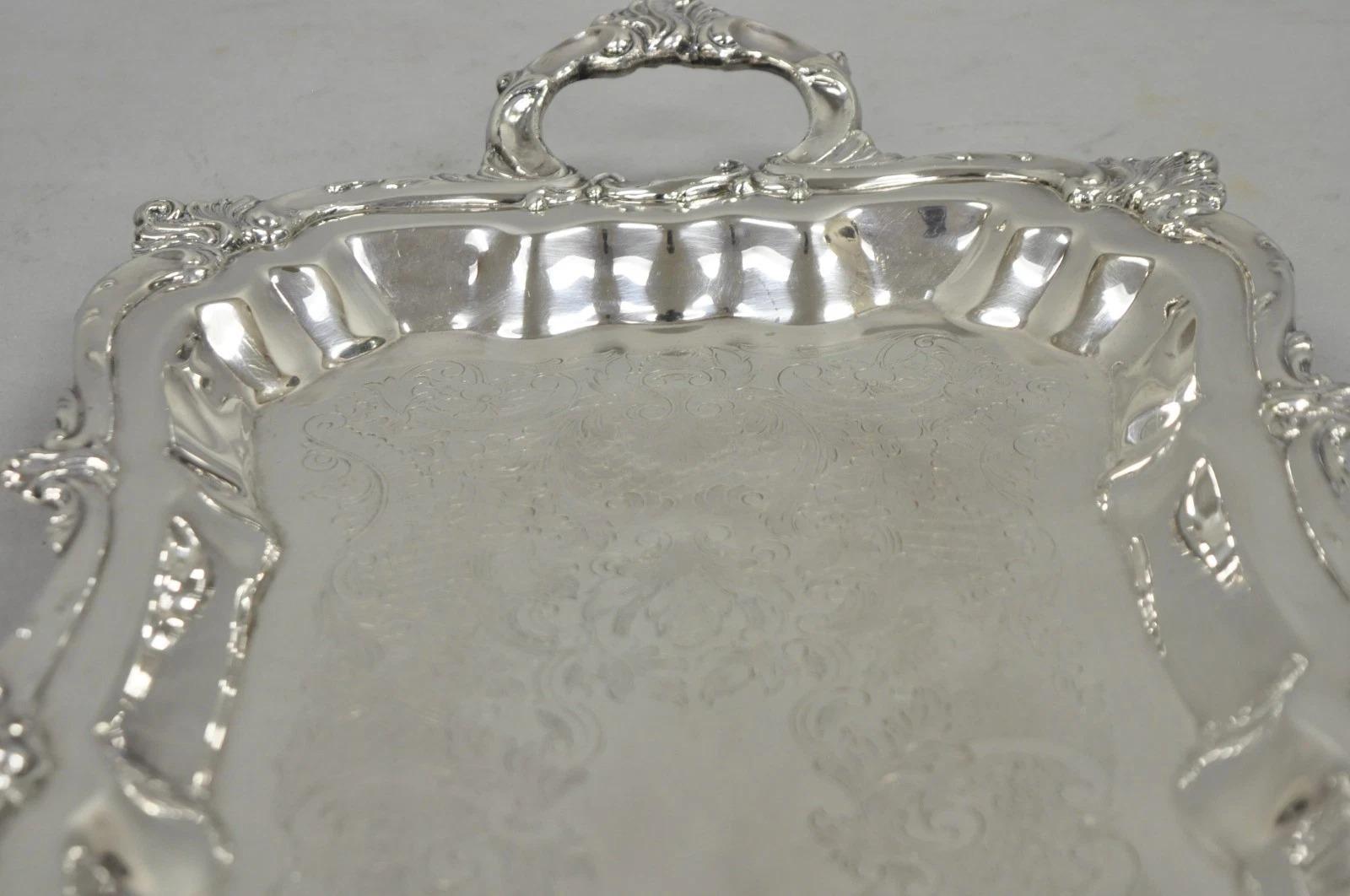 Vintage Victorian Silver Plated Narrow Footed Bar Serving Tray w Handles by Eton For Sale 6