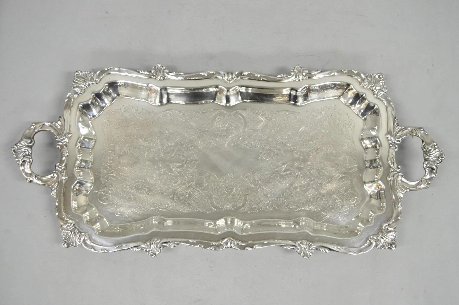 Vintage Victorian Silver Plated Narrow Footed Bar Serving Tray w Handles by Eton For Sale 7