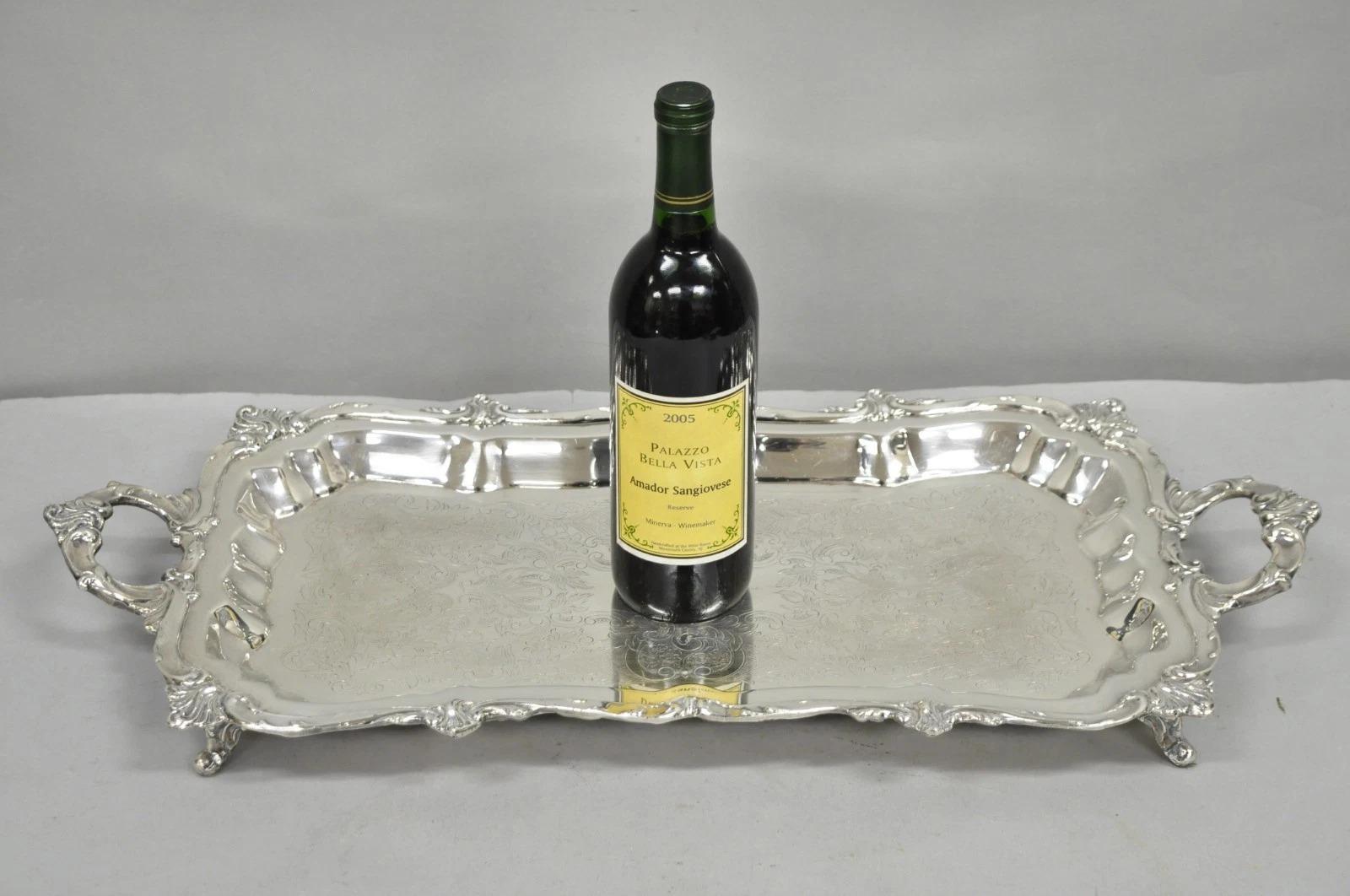 Vintage Victorian Style Silver Plated Narrow Footed Bar Serving Tray with Handles by Eton. Circa Mid 20th Century. Measurements: 2.5