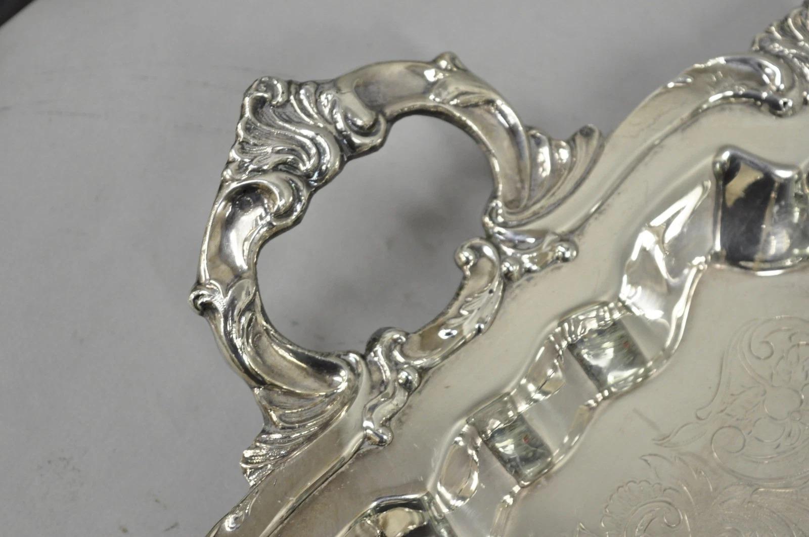 Unknown Vintage Victorian Silver Plated Narrow Footed Bar Serving Tray w Handles by Eton For Sale