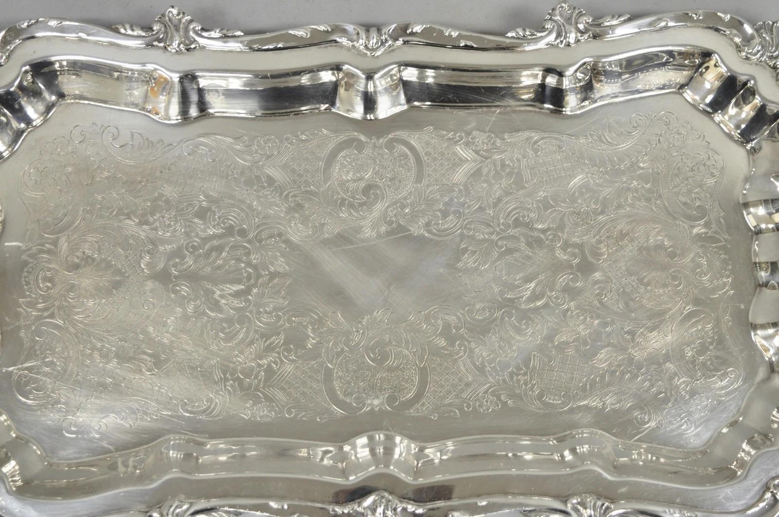 Vintage Victorian Silver Plated Narrow Footed Bar Serving Tray w Handles by Eton In Good Condition For Sale In Philadelphia, PA