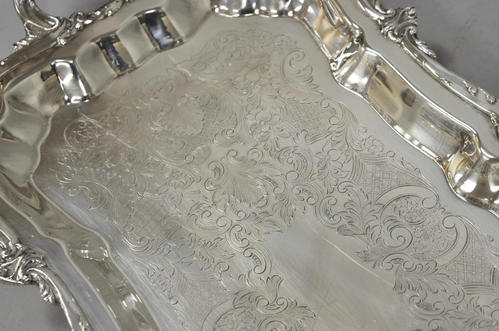 Vintage Victorian Silver Plated Narrow Footed Bar Serving Tray w Handles by Eton For Sale 1
