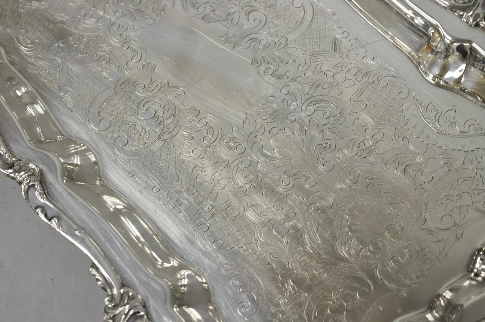 Vintage Victorian Silver Plated Narrow Footed Bar Serving Tray w Handles by Eton For Sale 2