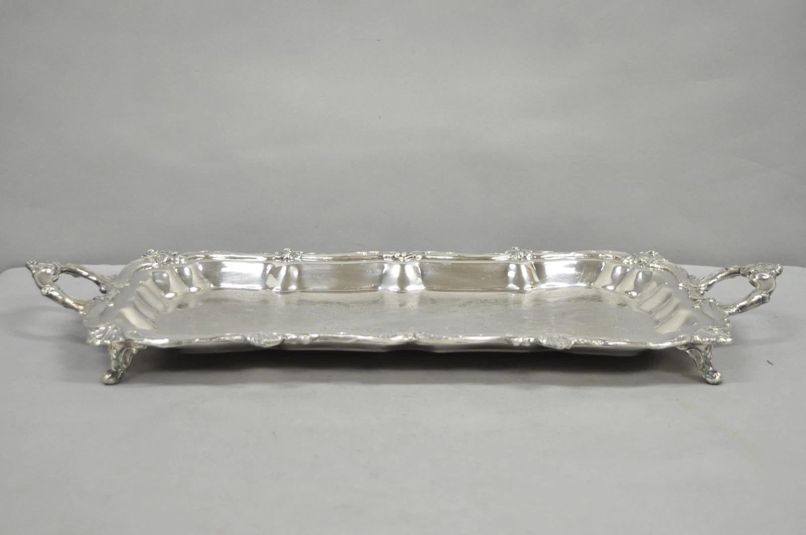 Vintage Victorian Silver Plated Narrow Footed Bar Serving Tray w Handles by Eton For Sale 3