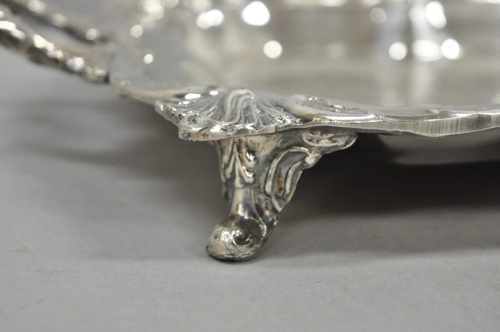 Vintage Victorian Silver Plated Narrow Footed Bar Serving Tray w Handles by Eton For Sale 4