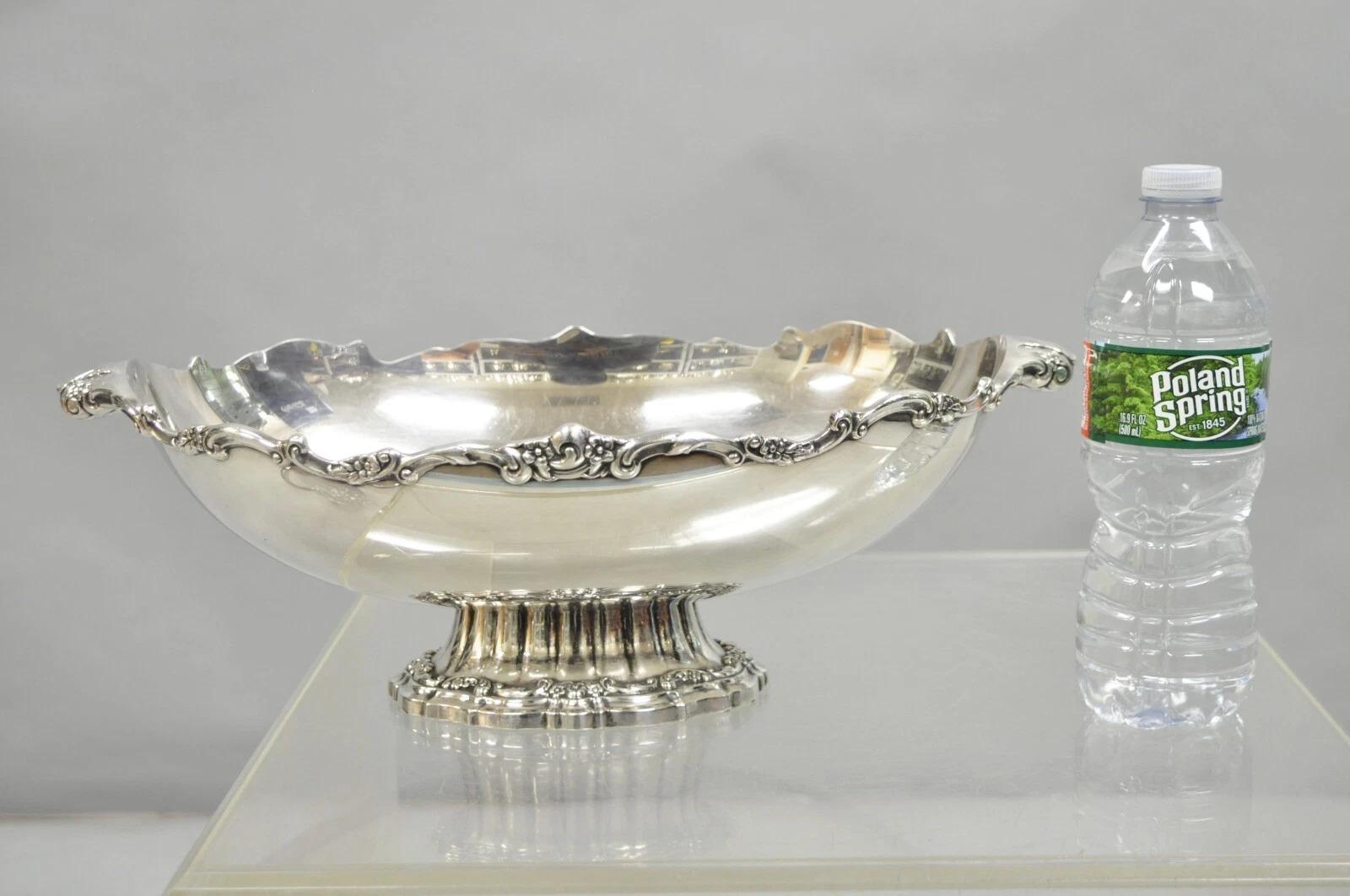Vintage Victorian Silver Plated Oval Pedestal Centerpiece Fruit Bowl By Lunt. Circa Mid 20th Century. Measurements: 5