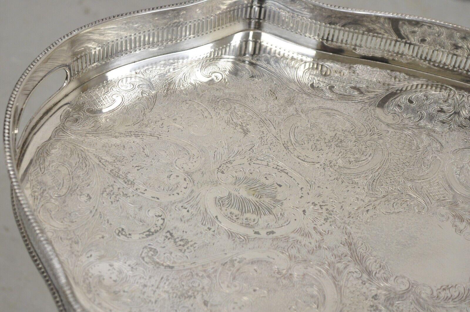 Vintage Victorian Silver Plated Pierced Gallery Scalloped Serving Platter Tray 3