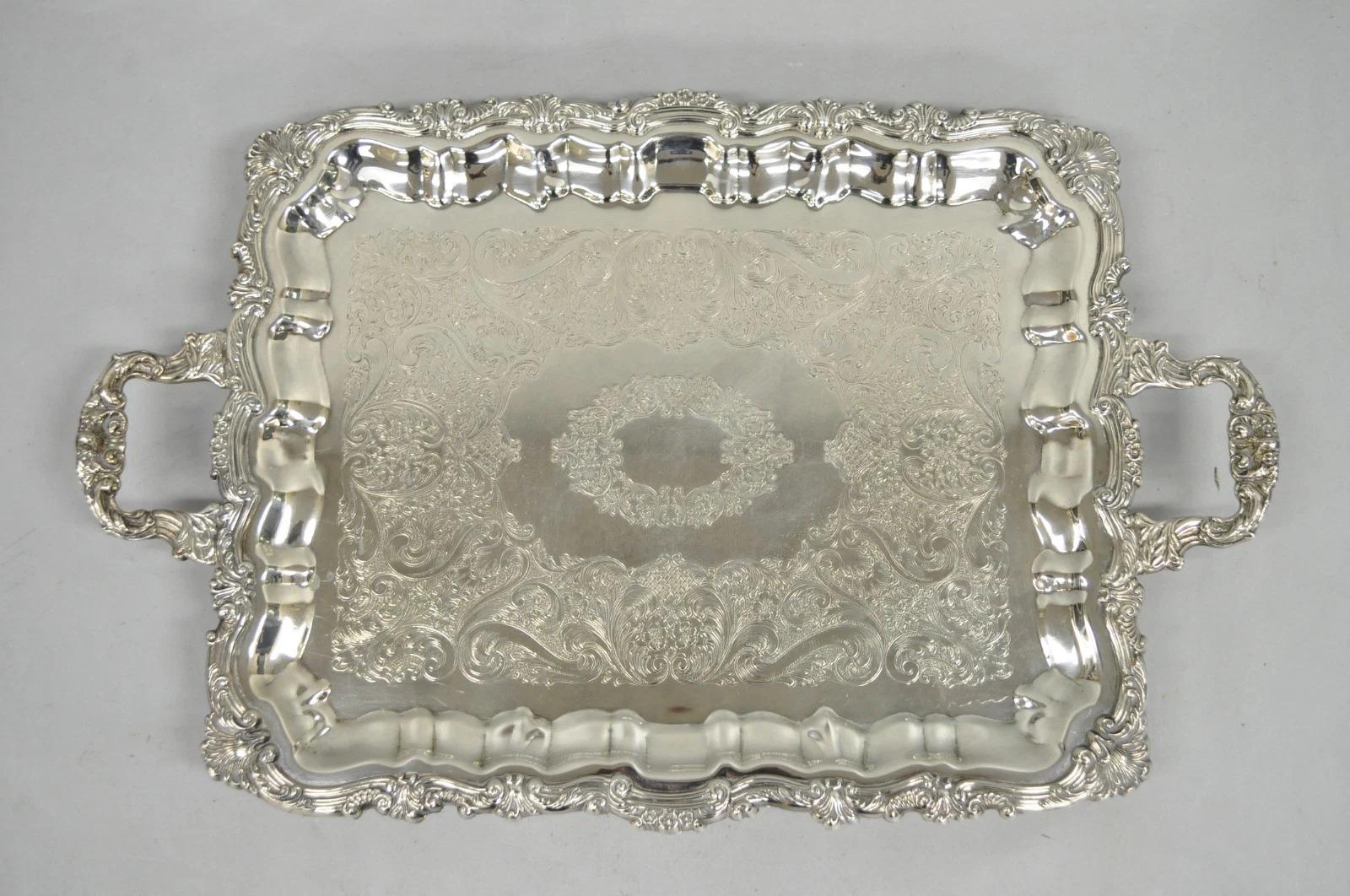 Vassoio da bar d'epoca vittoriano placcato in argento a due manici rettangolari con piedini in vendita 4