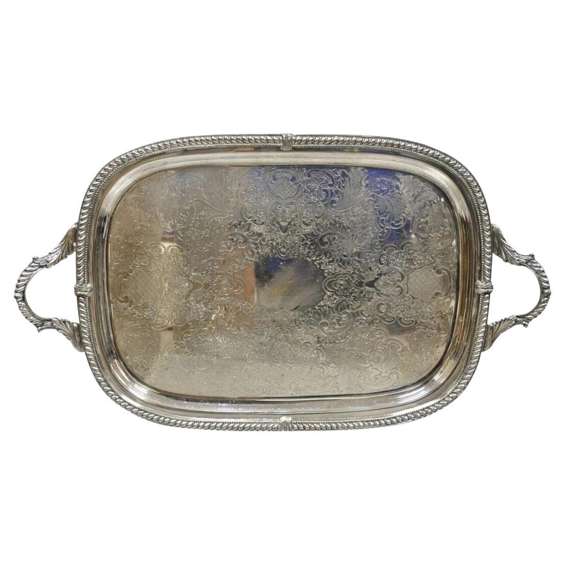 Vintage Victorian Silver Plated Regency Twin Handle Bar Platter Serving Tray For Sale