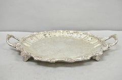 Vintage Victorian Silver Plated Round Scalloped Twin Handle Bar Serving Tray