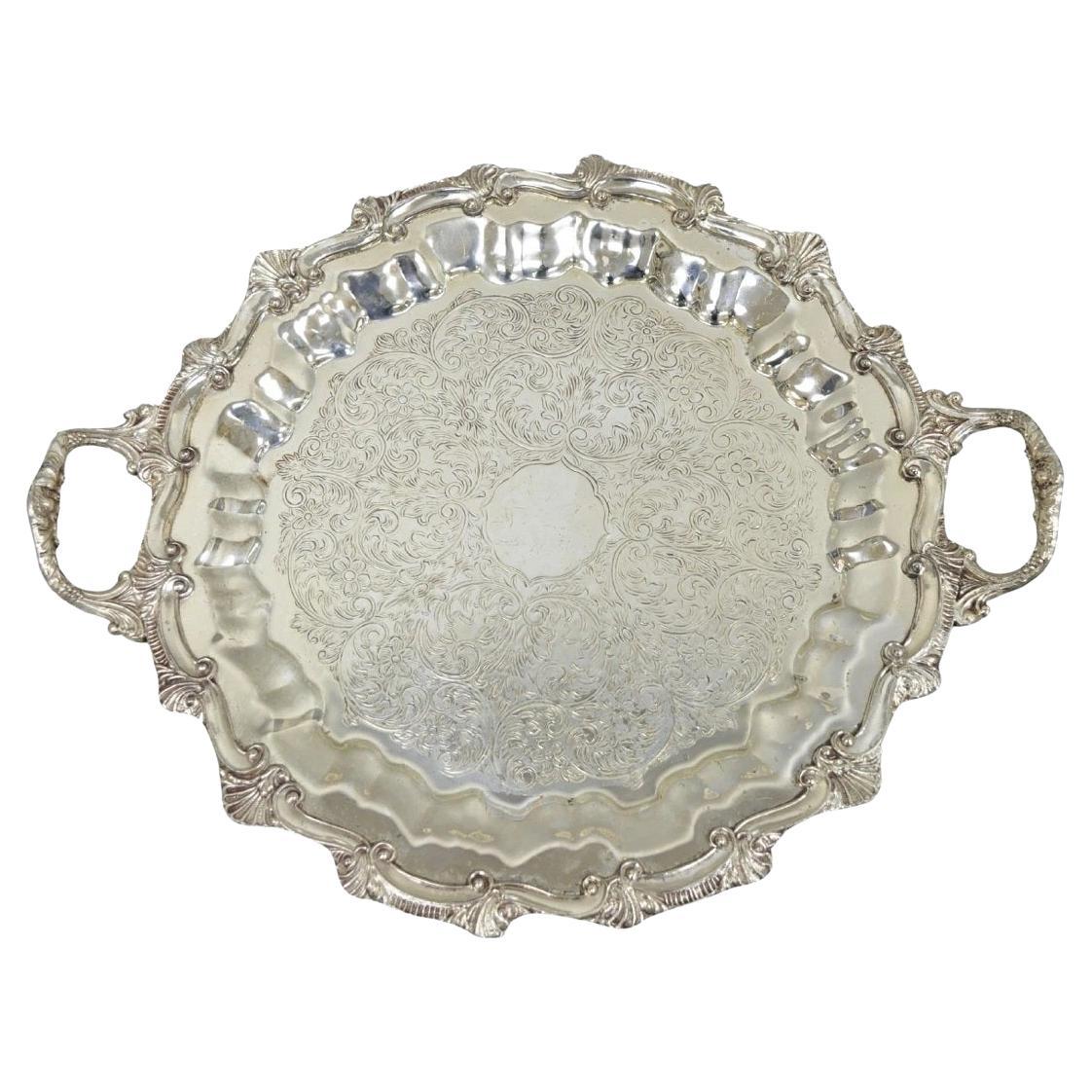 Vintage Victorian Silver Plated Round Scalloped Twin Handle Bar Serving Tray en vente