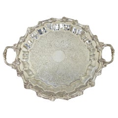 Vintage Victorian Silver Plated Round Scalloped Twin Handle Bar Serving Tray