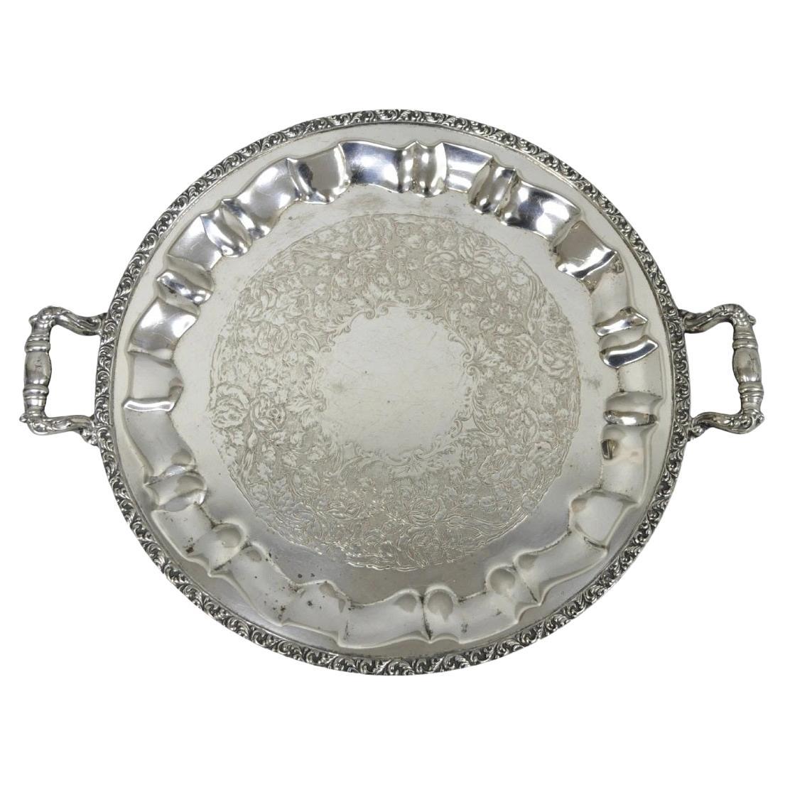 Vintage Victorian Silver Plated Round Twin Handle Bar Serving Platter Tray