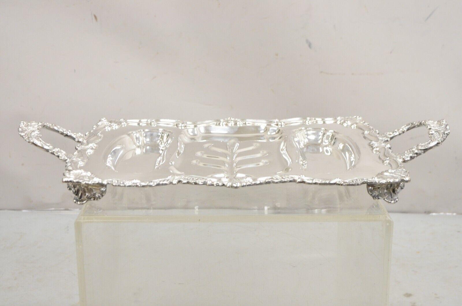 Vintage Victorian Style Ornate Silver Plated Twin Handle Meat Cutlery Serving Platter Tray. Circa Mid 20th Century. Measurements:  3
