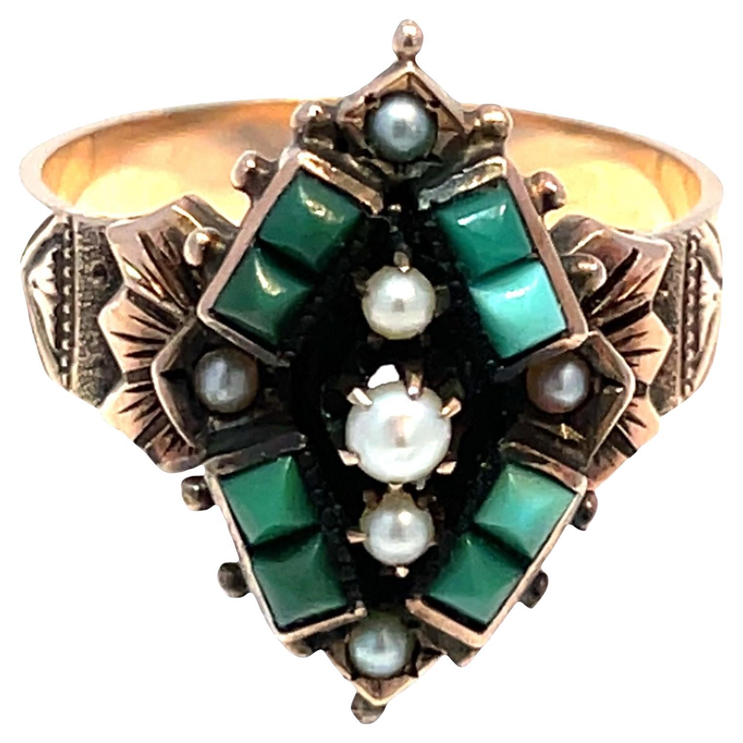 Vintage Victorian Solid Rose Gold Turquoise 
Pearl Ring For Sale