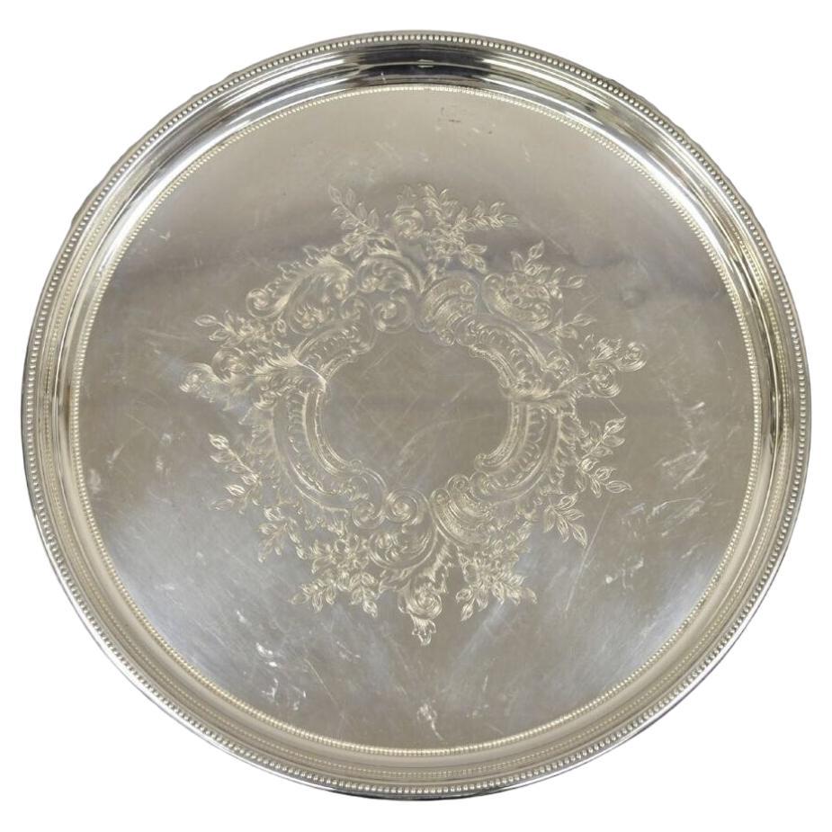 Vintage Victorian Style 17.5" Round Floral Etched Serving Platter Tray. Circa Mi For Sale