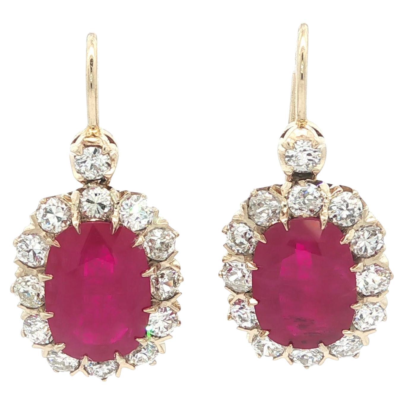 Orecchini vintage in stile vittoriano in oro 18 carati con diamanti e rubino di Birmania da 8,94 carati