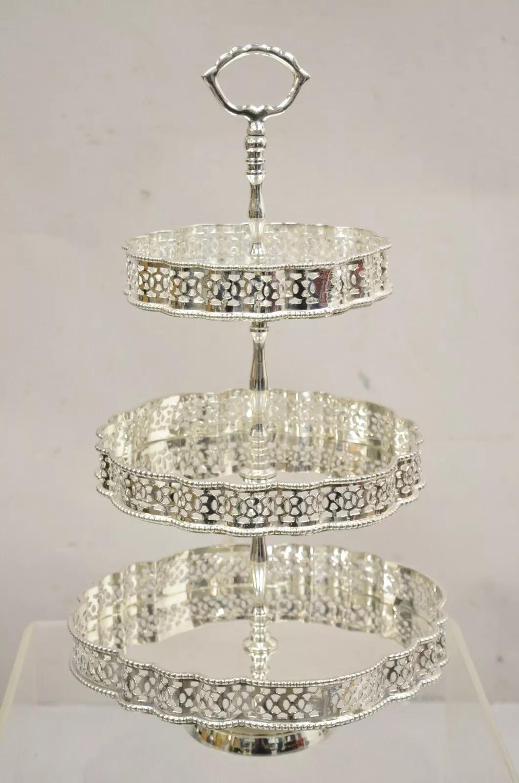 Vintage Victorian Style 3 Tier Silver Plated Pastry Display Cake Stand 7