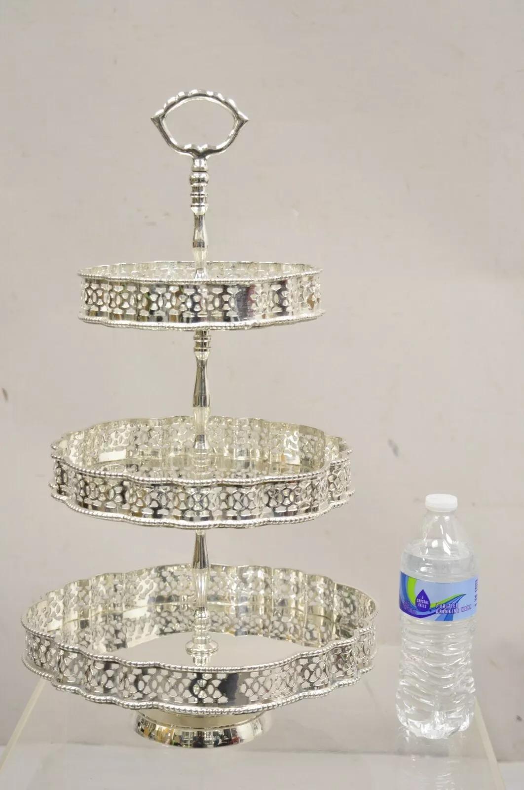 Vintage Victorian Style 3 Tier Silver Plated Pastry Display Cake Stand. Circa Late 20th Century. Measurements: 21