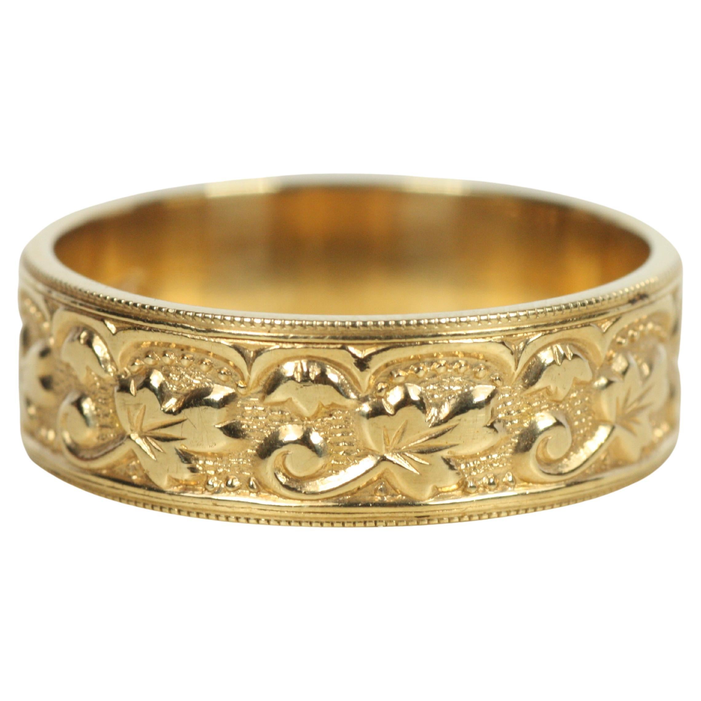 Anneau de mariage vintage de style victorien 7mm en or 14K, motif de feuilles avec grain de mil... en vente