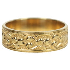 Anneau de mariage vintage de style victorien 7mm en or 14K, motif de feuilles avec grain de mil...