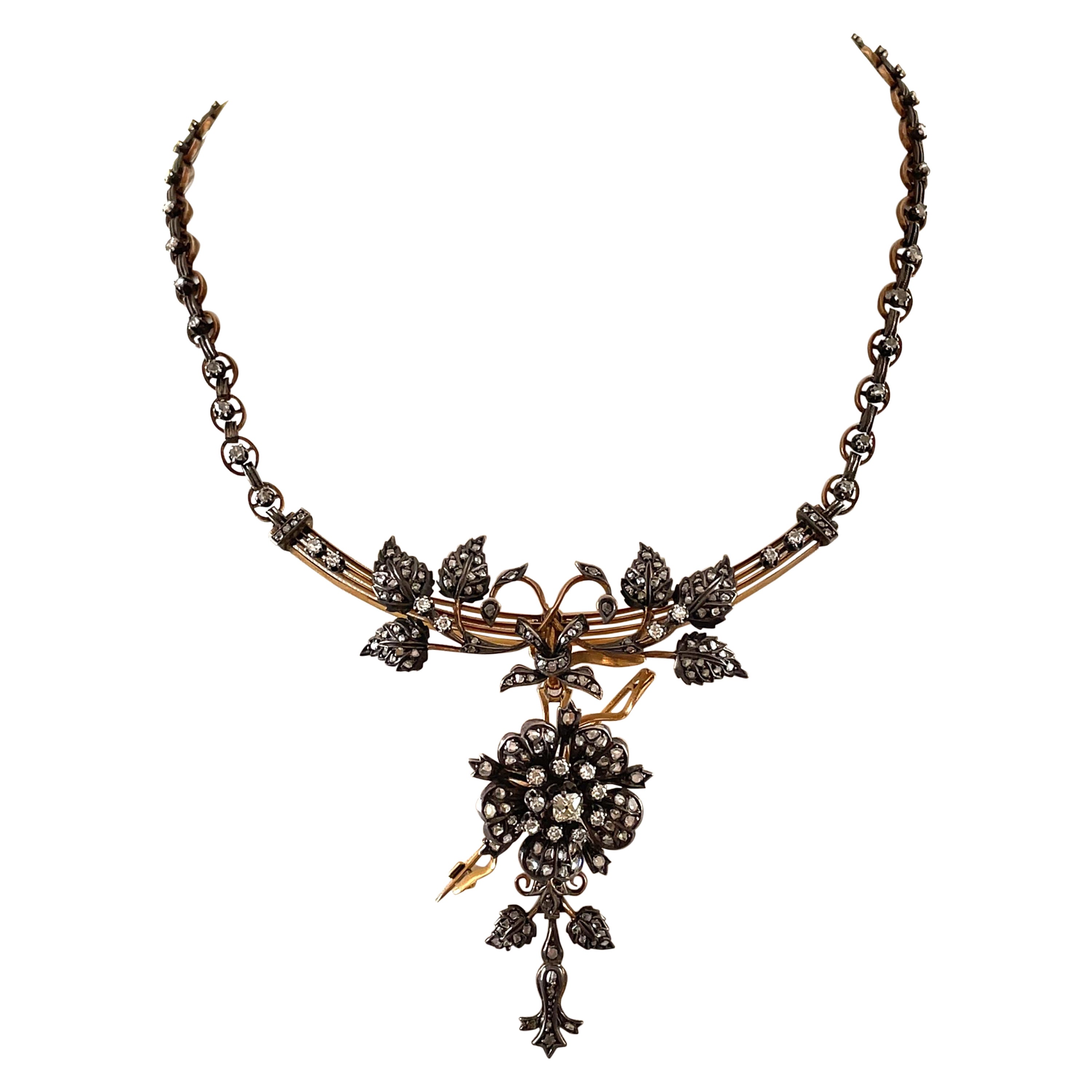 Halskette / Brosche im viktorianischen Stil mit Diamanttropfen im Rosenschliff, ca. 12 Karat
