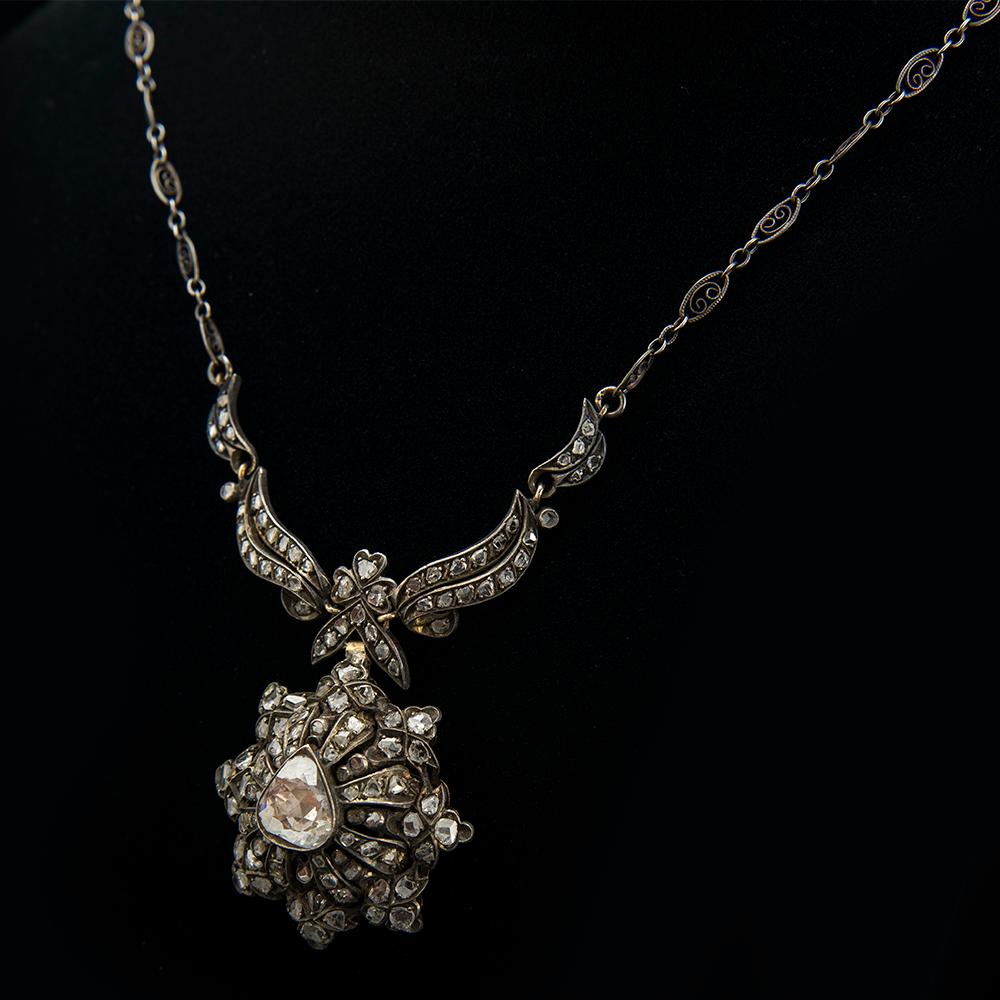 Vintage Victorian Style Apx 4.30ct Rose Cut Diamond Drop Necklace In Good Condition For Sale In BEVERLY HILLS, CA